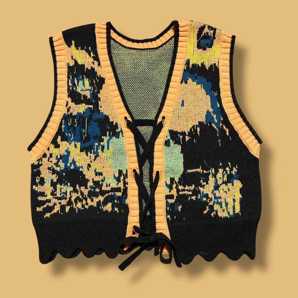 Abstract Knit Floral Vest Lace Up Sunflower Retro Vintage Womens